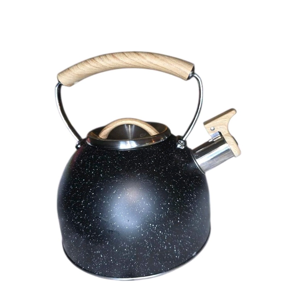 Just Teazen Stainless Steel Whistling Tea Kettle Black Speckled Wood Look Handle
